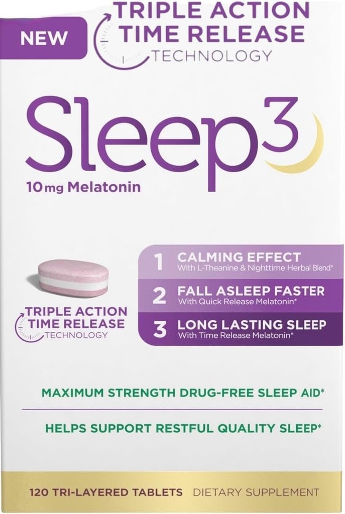 NB Sleep3 三动作时间发布 Melatonin 睡眠援助, 10 mg, 最大强度, 无毒品, 120 三拉耶德牌匾, 有 L- Theanine