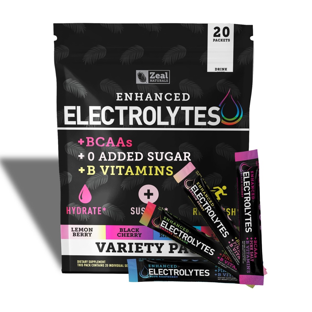 Zeal Naturals 增强电解质 火药棒包装(Variety Packets - 20 packets) 无糖 + BCAA B-维生素 & Pink 喜马拉雅盐 - Keto电解质,水解粉