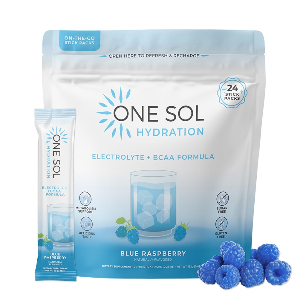 1 Sol BCAA & Electrolyte Powder for Hydrition & Energy, All-Natural Formula, 100% Vegan, Non-GMO, Gluten Free & Soy-Free, 促进肌肉生长和复苏, 天然蓝莓火焰