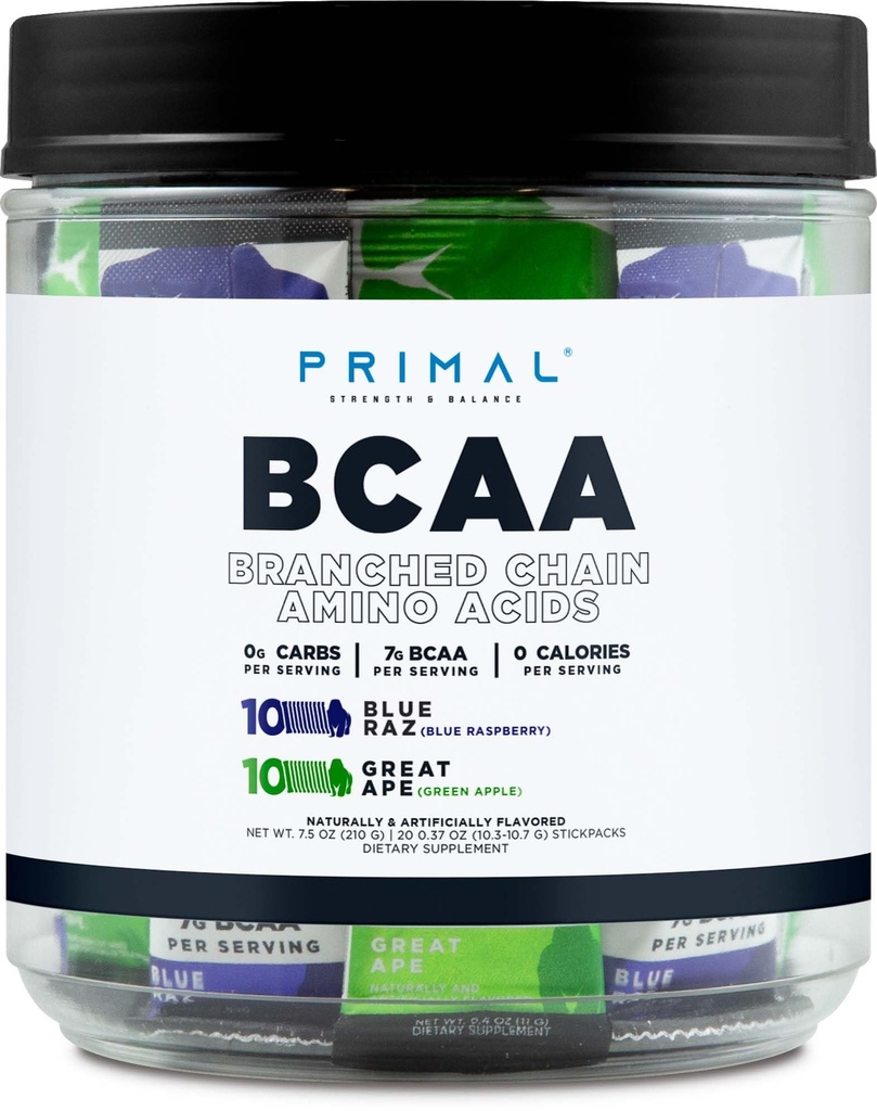 Primal BCAA Varige Pack, 蓝莓 + 大猩猩 绿色苹果 Flavored (20个棒包) - 7G BCAA / service, 分支链氨酸