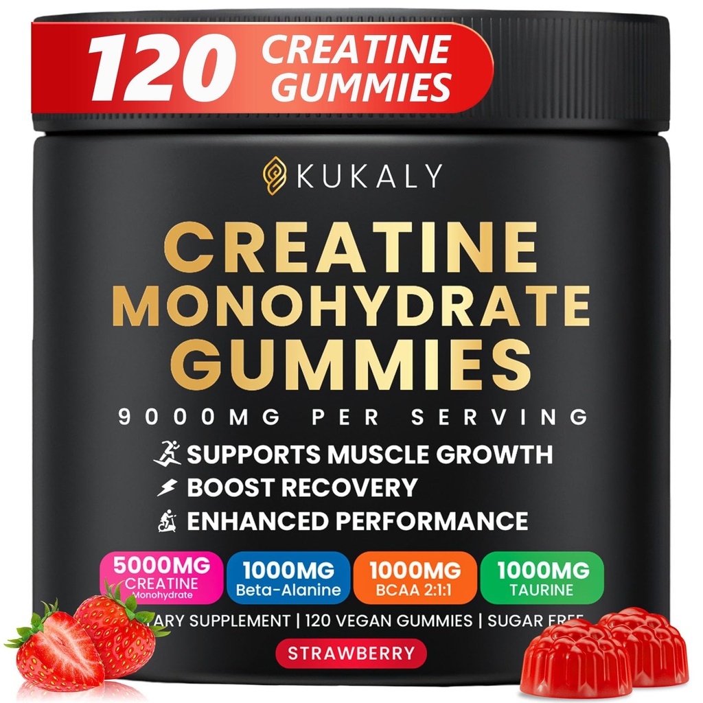 Creatine Monohydrate Gummys for Men and Women, 9000MG Creatine Gummys 无糖与L-Tourine, BCAA 2:1, B12 B6 for Boost strong, Focus and Endurance, Vegan, N-GMO, 草莓, 120pcs