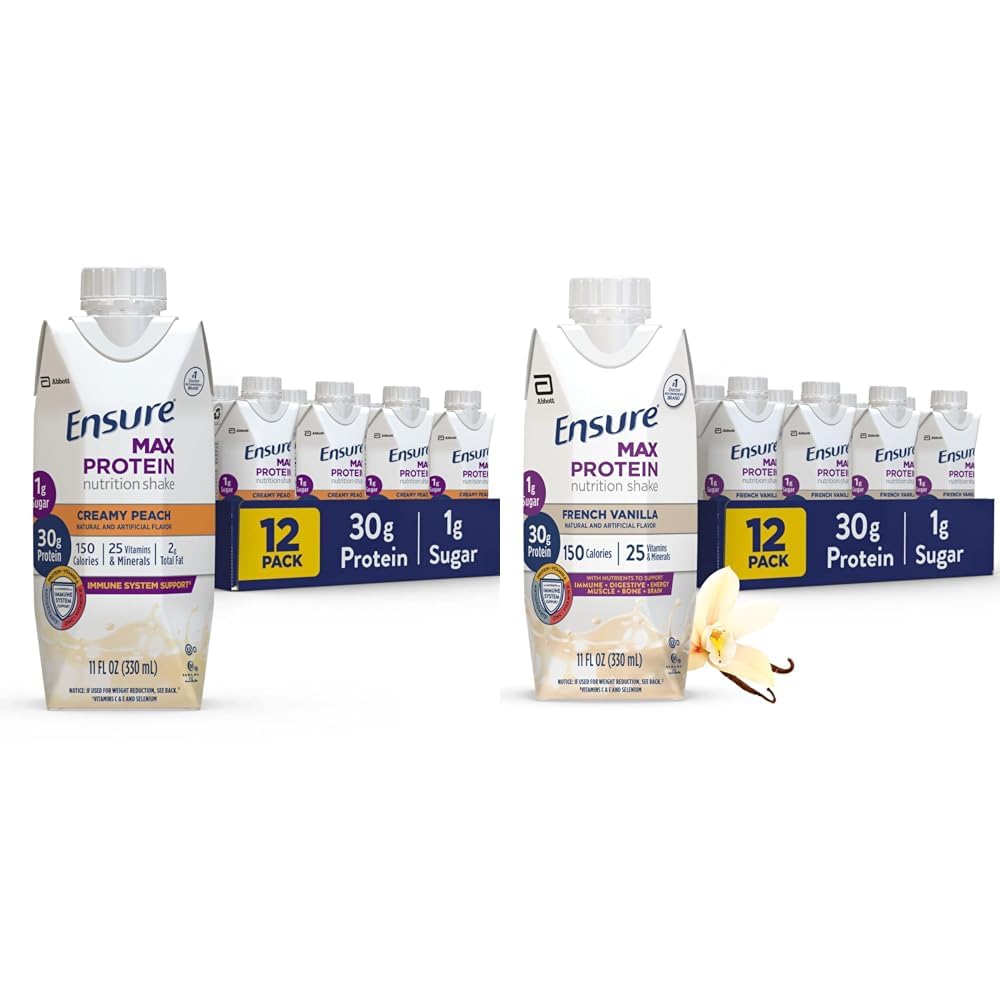 确保最大蛋白质营养摇摇与30g蛋白,1g糖,高蛋白摇与Creamy Peach & French Vanilla, Liquid, 11 fl oz(12页)