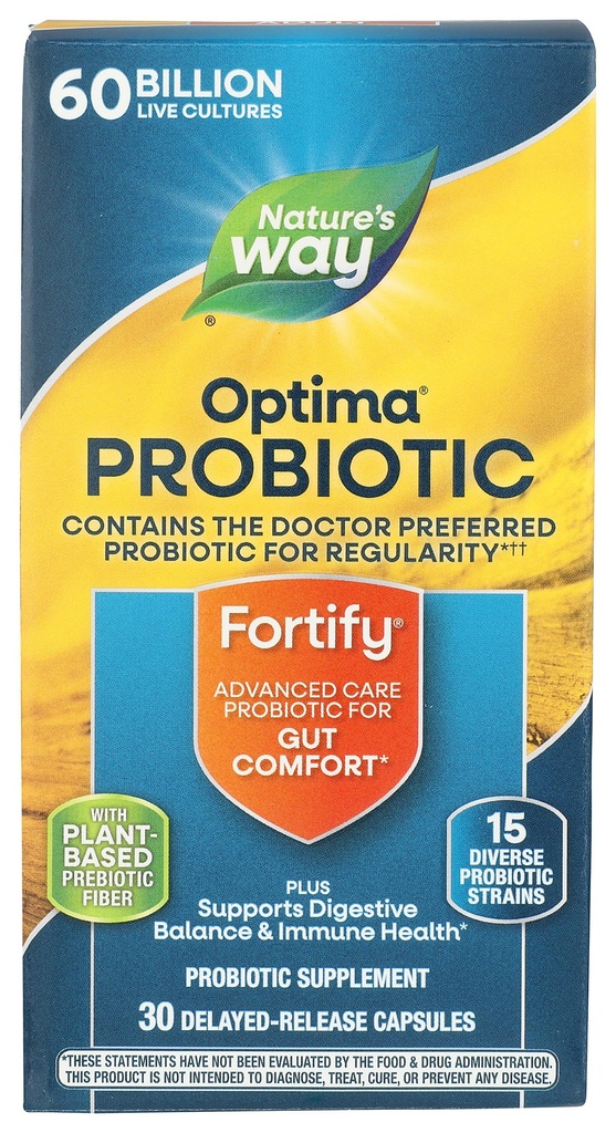 (原始内容存档于2019-09-21) (中文(简体) ). Natural's Way Forfy Optima Probiotic for 成人,60亿活文化,15 Strains, Gut Comfort*,支持消化平衡和免疫健康*,保持冷藏,30 Capsules (Package May Vary).