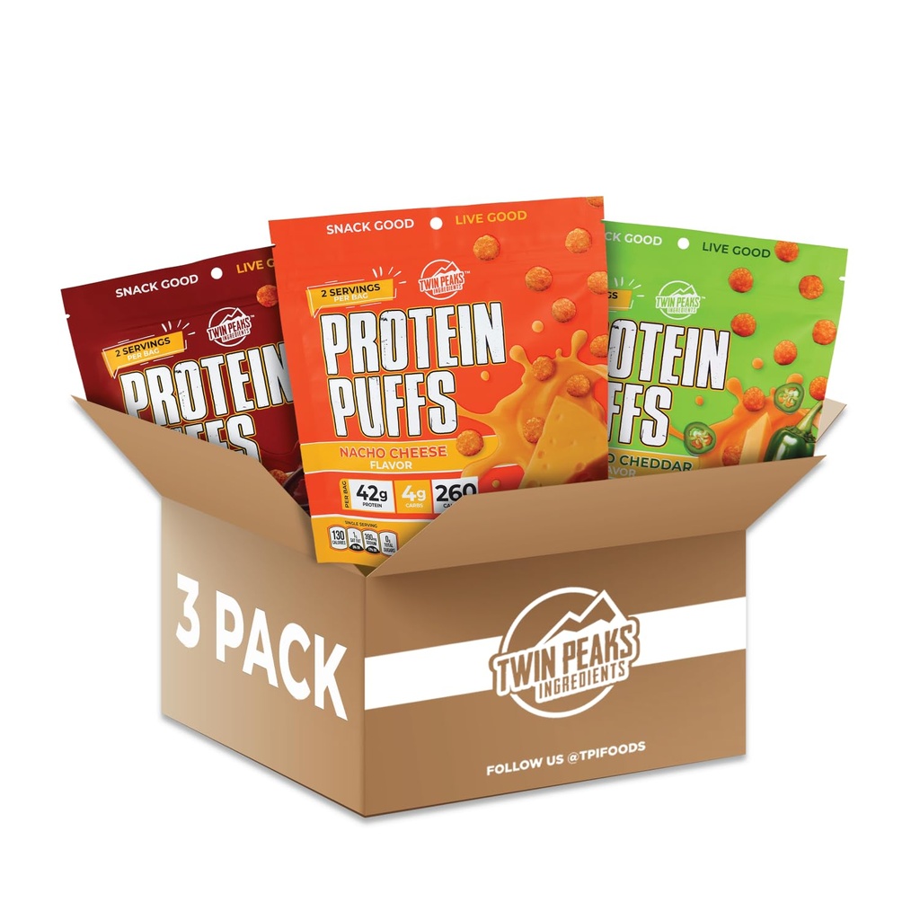 双峰进料低卡,Keto友好蛋白Puffs,(Variety Pack, 2.1 Ounce),2服务,3 Pack(60g,42g蛋白,4g Carbs)