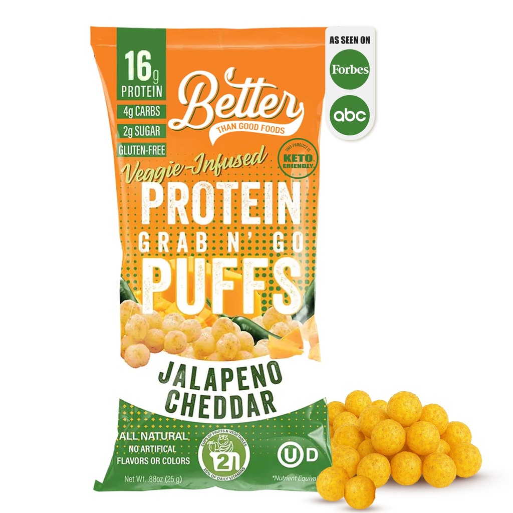优于好萨沃里·凯托·贾拉佩诺·切达尔蛋白蛋白 Puffs → Gluten-free - 16g 蛋白质 低糖 低卡路里 糖尿病友好小吃 → 低卡路里 健康儿童 小吃 → 没有人工火焰 (12-Pack)