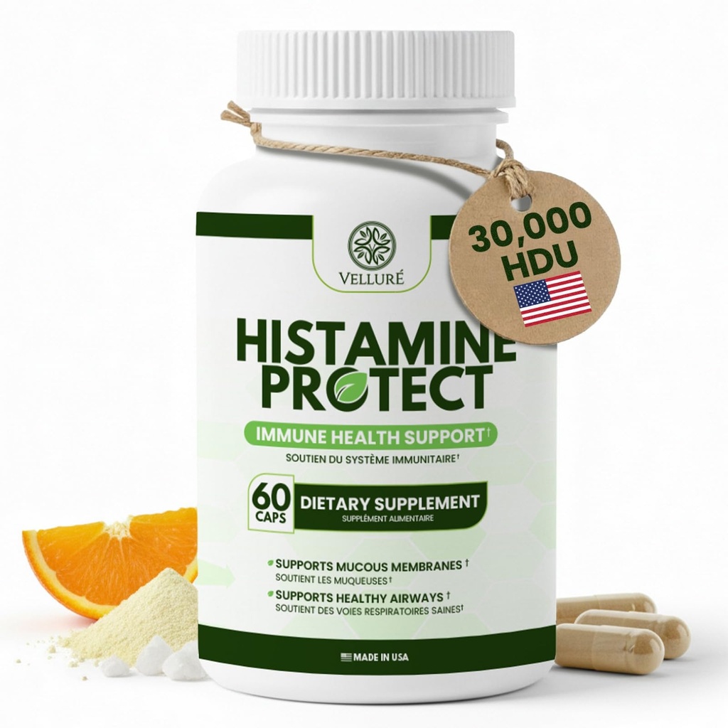 DAO Enzyme 补充 Histamine Blocker, 30,000 HDU Diamine Oxidase 用于Histamine 不容忍和发酵食品, Gut和消化支持 Quercetin, 镁和维生素 C, 60 Capsules