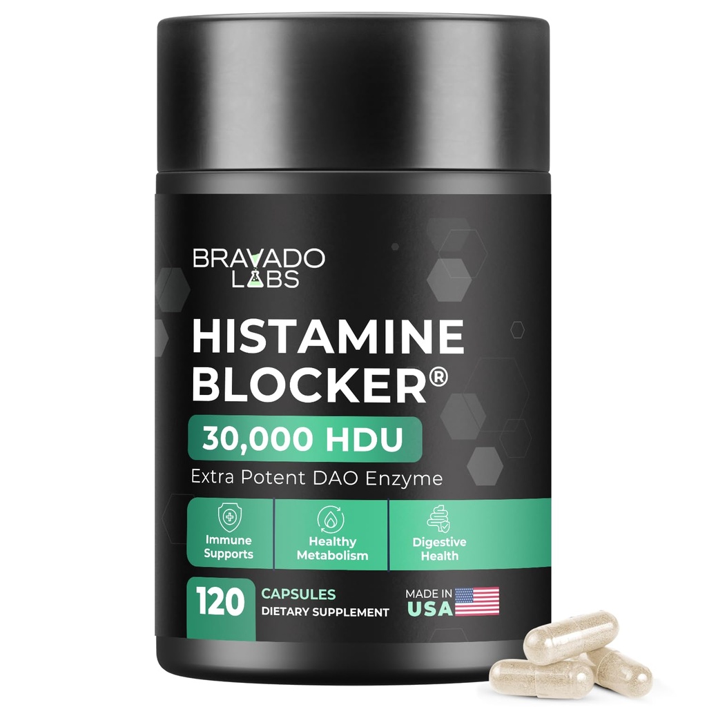 Bravado Labs DAO 补充 Histamine Blocker - 超强30,000 HDU DAO Enzeme + Diamine Oxidase & Vitamin C 用于每日Histamine代谢和免疫支持 - 120ct