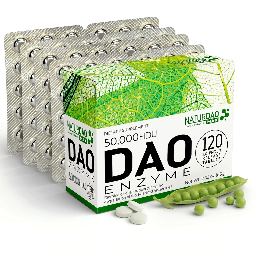 MAX DAO Enzyme 补充 120 个平板电脑,每平板电脑可调整剂量50 000 HDU, 扩展释放, 异胺阻塞器