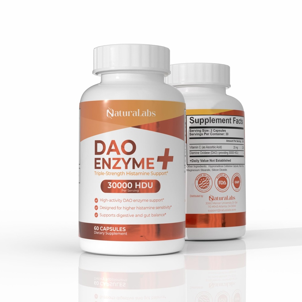 DAO Enzyme + Histamine Blocker - 三联-Strength 30,000 HDU 配方 - DAO Enzyme 配有维生素C的辅料 - Histamine 异性消化支持 - 60 Capsules
