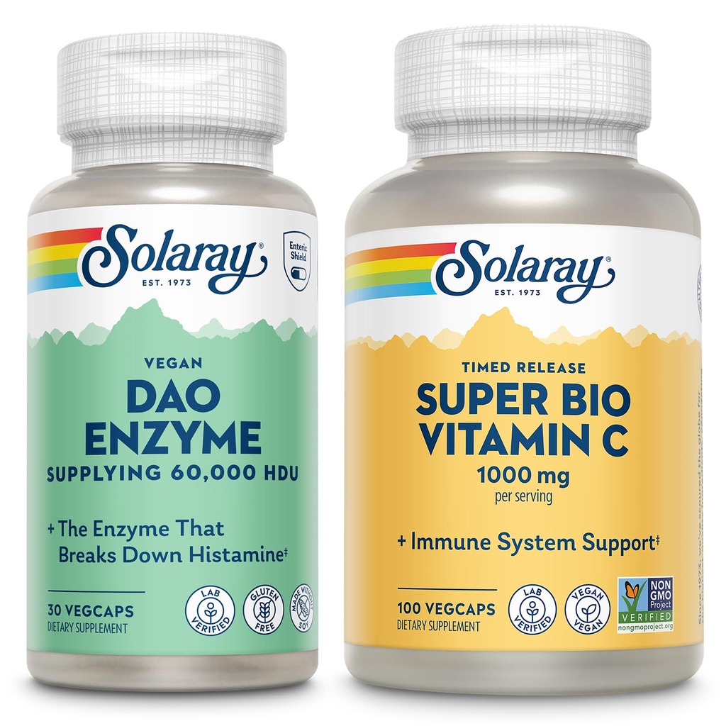 SOLARAY DAO Enzyme and Super Bio Vitamin C 1000mg - 消化酶破解西他明 - 定时释放VIT C w/Bioflavonoids Immune支持补充,Vegan,60日保证,30/50服务