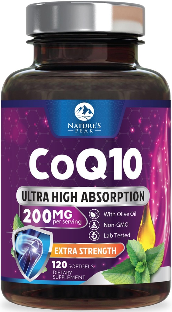 CoQ10 软胶 - 超高吸附共聚物 Q10 200mg Per service - Co Q 10 软胶补充剂 黑辣椒 能量和心脏支持抗氧化剂 - 面向女性和男性,瓶装美国 - 120 软胶