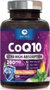 CoQ10 软胶 - 超高吸附共聚物 Q10 200mg Per service - Co Q 10 软胶补充剂 黑辣椒 能量和心脏支持抗氧化剂 - 面向女性和男性,瓶装美国 - 120 软胶