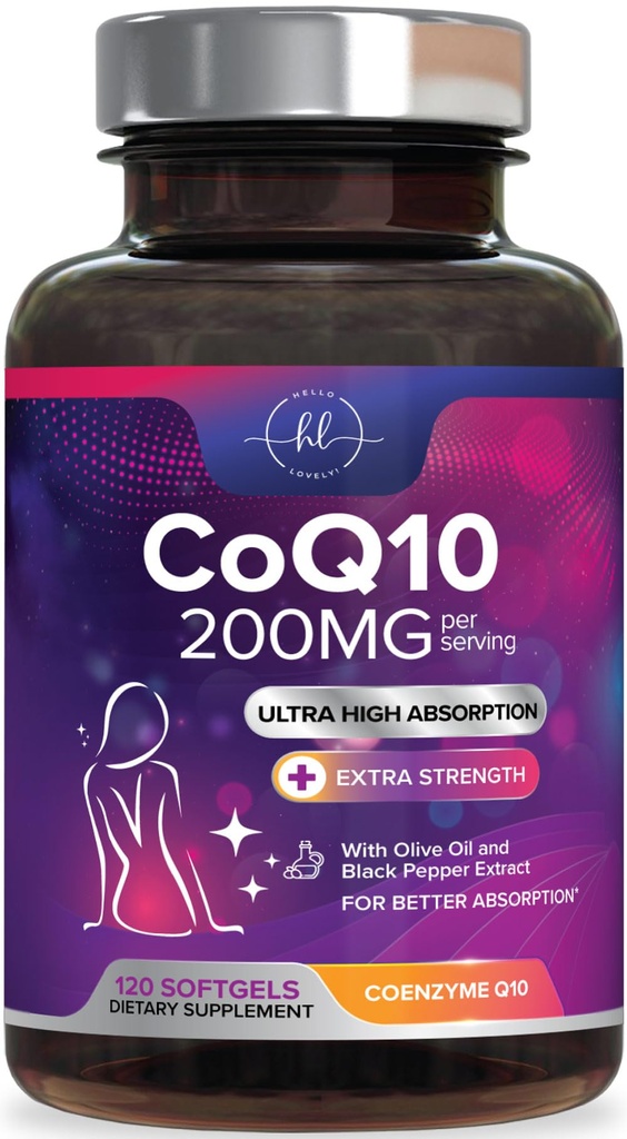配合物 Q10 200mg/每服务补充物 - 超高吸附剂,抗氧化剂用于心脏健康和能源生产支持 - CoQ10(Ubiquinone) Co Q10 补充物和维生素 100mg - 120 软胶