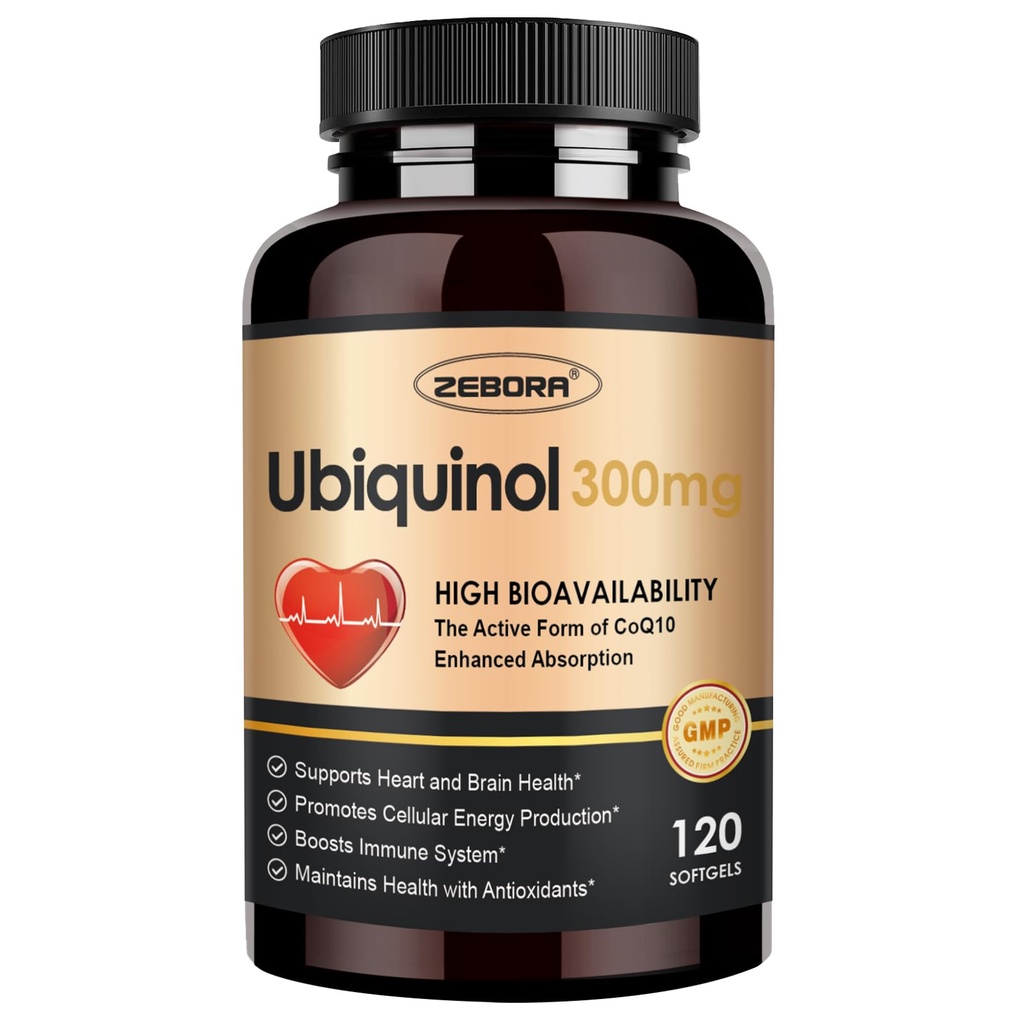 ZEBORA Ubiquinol CoQ10 300mg Softgels,4-in-1强抗氧化剂促进心脏和血管健康,能源生产必备,Max吸收活性形式的CoQ10,120 Softgels