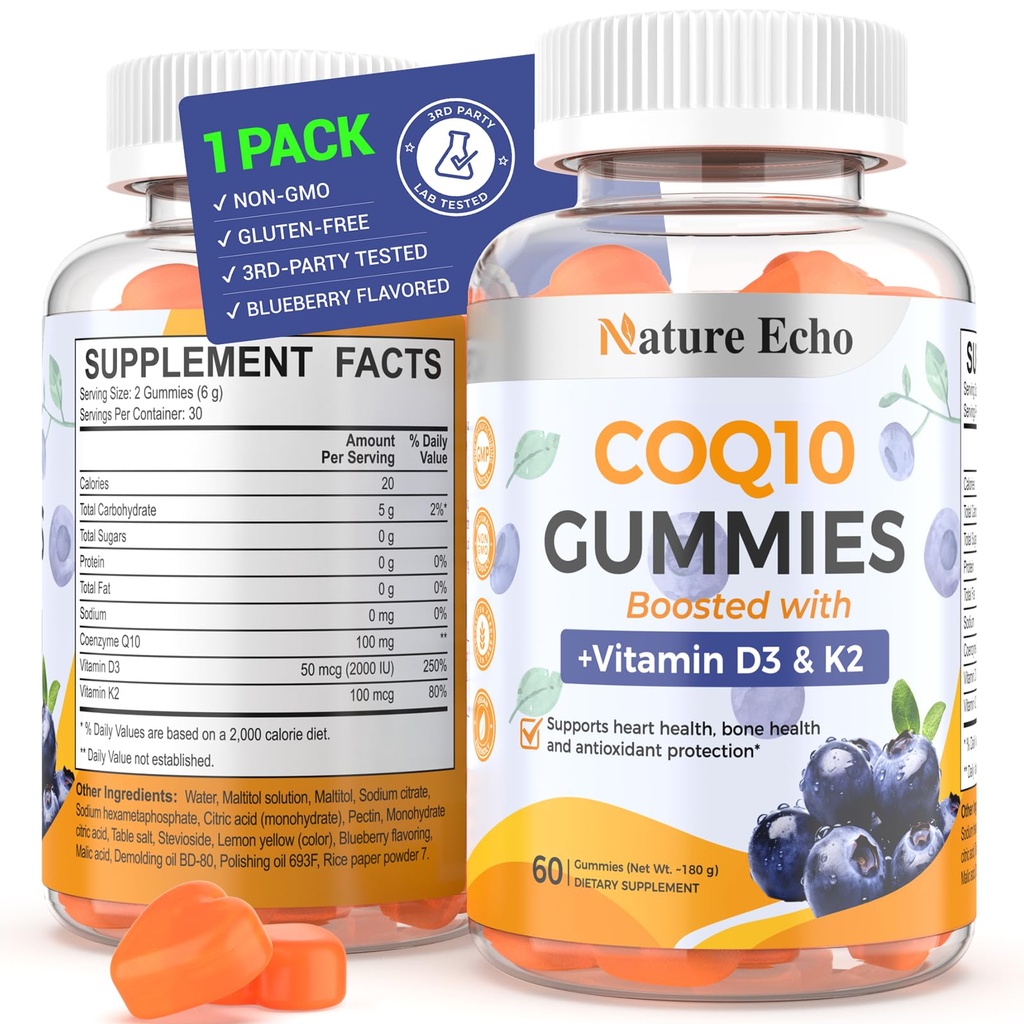 Nature Echo-CoQ10 Gummys 100mg, CoQ10 配有维生素D3 & K2, Coenzyme Q10 配有蓝莓火焰,无糖,心脏健康,骨支持和抗氧化剂,Vegan,N-GMO 60 Gummys