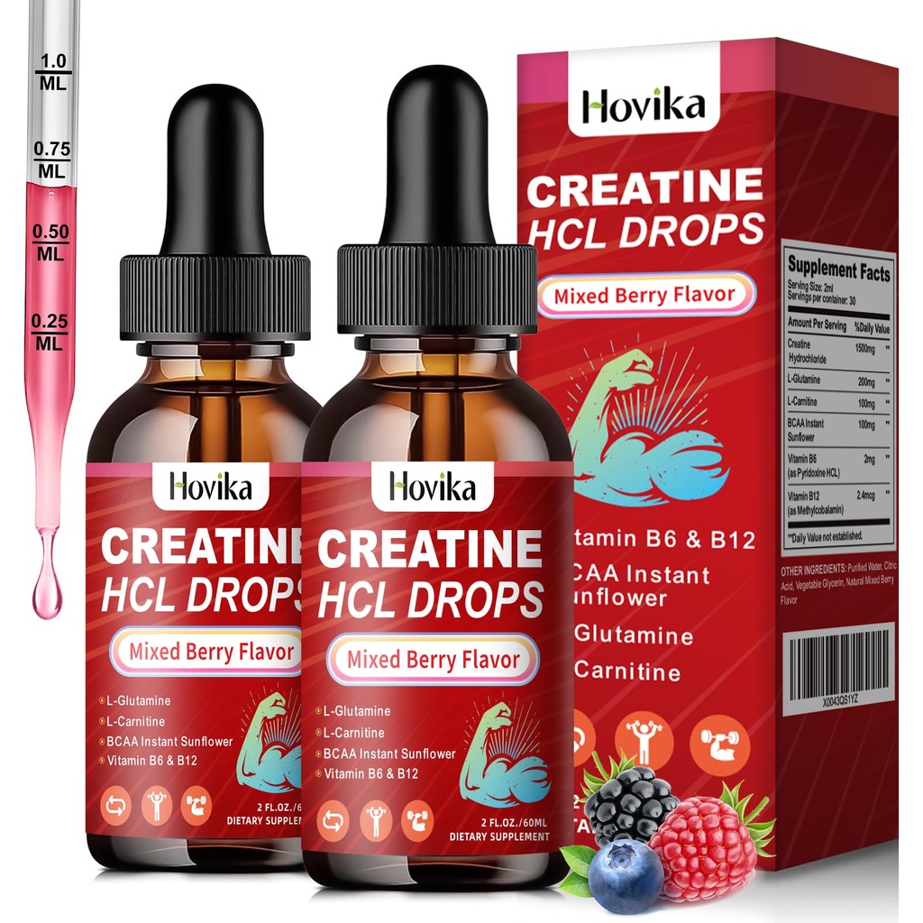 用于男子和妇女的Creatine HCL液滴、含L-Carnitine的Creatine氢化物、L-Glutamine、BCAA、用于肌肉生长和恢复的维生素B12和B6、混合莓火焰、4Fl Oz