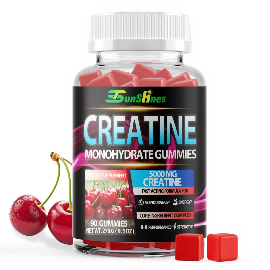 Creatine Monohydrate Gummys 5g(5000mg),无糖Creatine,预工能源,Veg,N-GMO,面向男女-90 Constitut Cherry Flavor