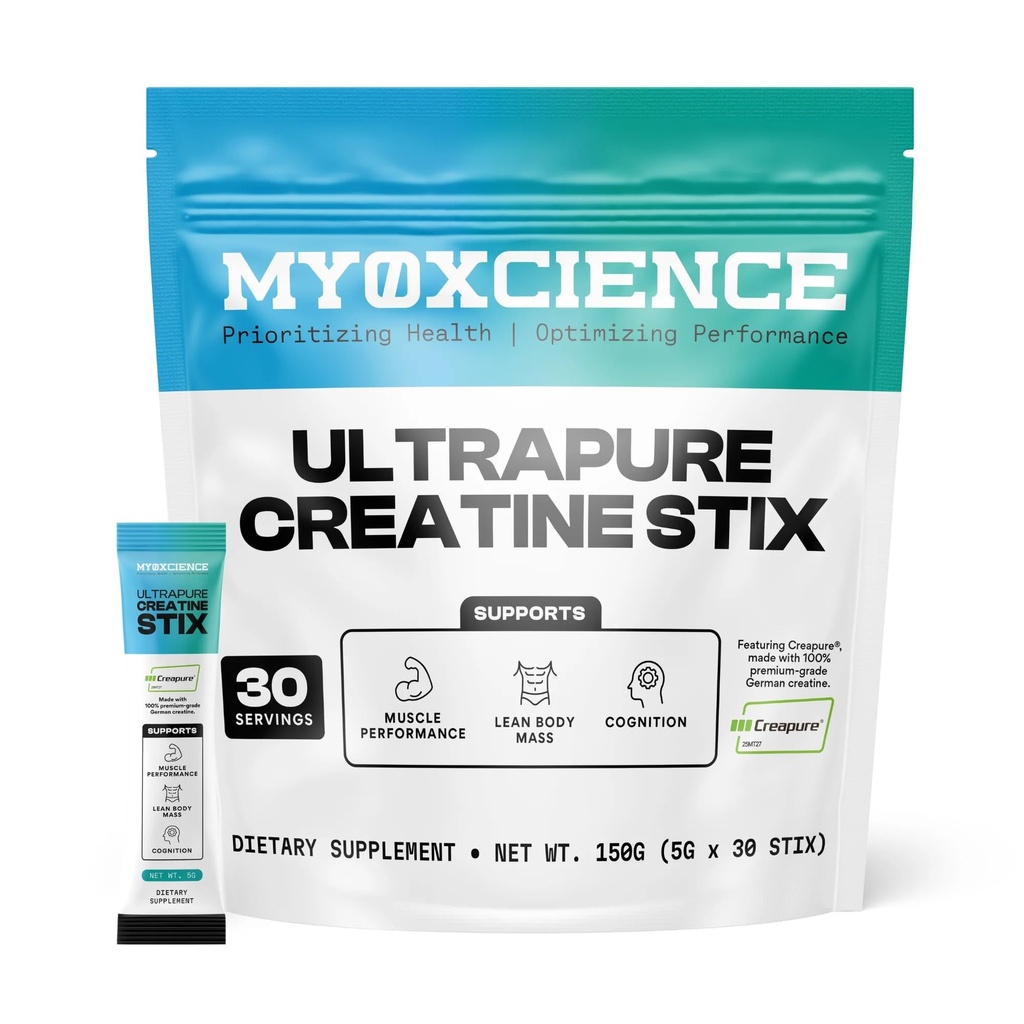 MYOXCIENCE Creapure → Creatine Stix → 5格拉姆的德国Creatine Monohydrate per Stick Pack → 支持肌肉性能,精益体质,和认知 → 30 单服务 Stix