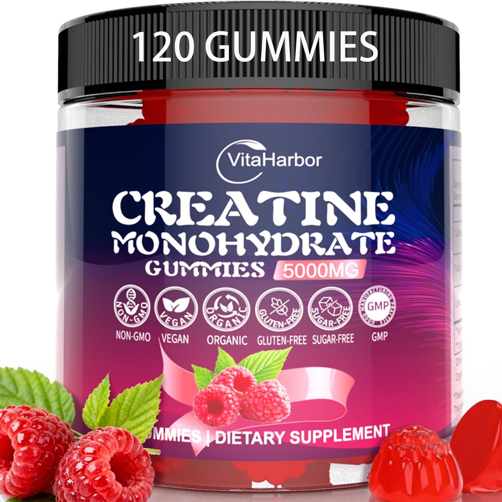 Creatine Monohydrate Gummys 5000mg for Men & Women, 有机纯Creatine Gummys QQ 无糖,Vegan, Non-GMO, Raspberry Flavor, 120 Countries (英语).