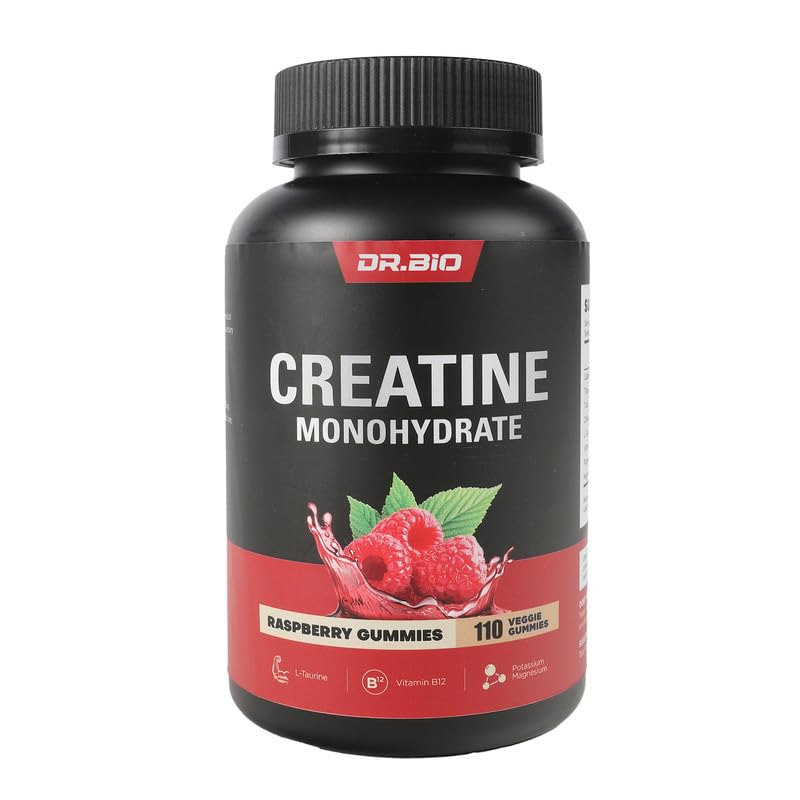 DR.BIO Creatine Monohydrate Gummys for Energy & Muscle Support, 预研复合Creatine for Men and Men with 5000mg Creatine, L-Taurine, B12, Mg 和 K, Vegan, Red Raspberry, 110 Counter 女性和男性配角