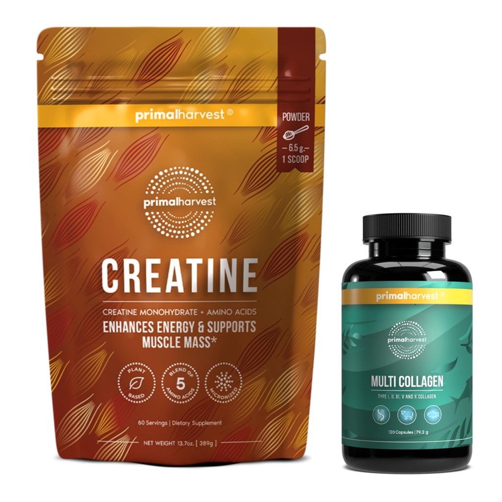 Primal Creatine Powder + Primal Multi Collagen Capsules Bundle + 2-Pack + 支持力量、恢复、联合和皮肤健康 + 30个服务对象