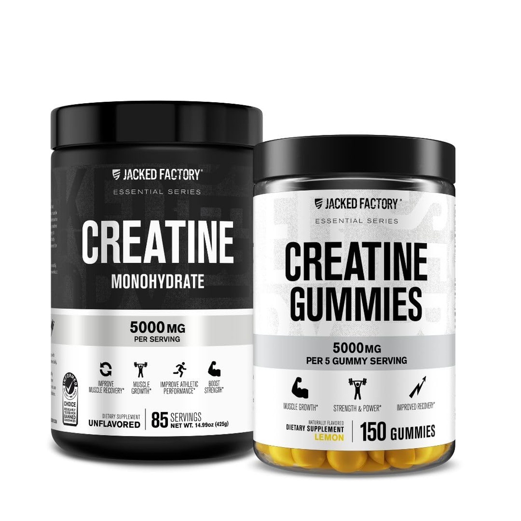 Jacked Factory Creatine Monohydrate Gummys (150 Gummys, Lemon) & Creatine Monohrydrate Powder (85 services, Unflorored) 水龙骨脂厂(150 Gummys,柠檬) 水龙骨脂厂(85架,无味)