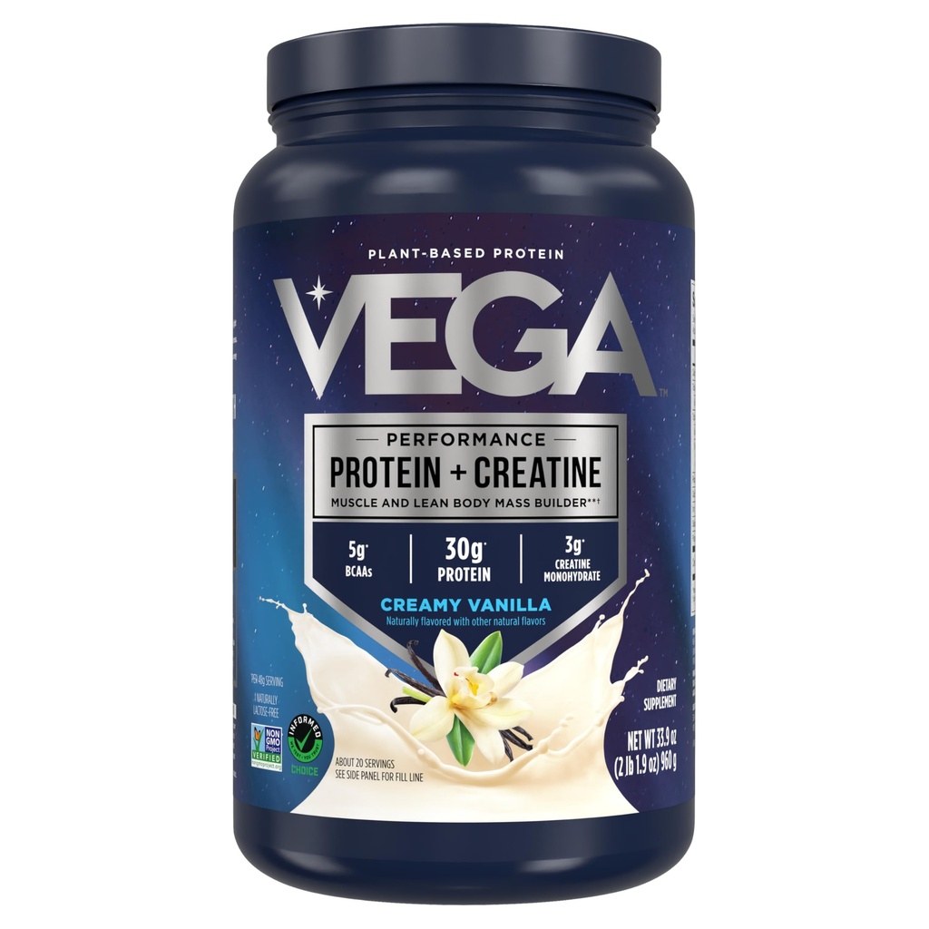 Vega蛋白 + Creatine - 30g 植物基蛋白, 香草, 20 services, 3g Creatine, 5g BCAAs, Vegan, Keto, Gluten Free, 奶制品自由, 低卡布, 用于肌肉生长和维修, 饮料混合, 33.9oz