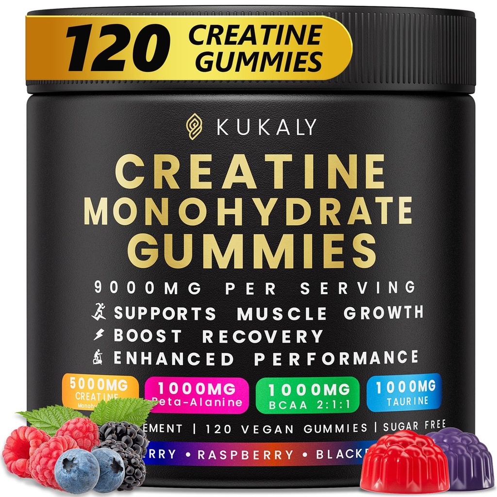 KUKALY Creatine Monohydrate Gummys for Men and Women, 9000MG Creatine Gummys Free - 与L-Taurine混合火焰,BCAA 2:1, B12 B6 for Boost strong, Focus and Endurance, Vegan, N-GMO, 120pcs (英语).