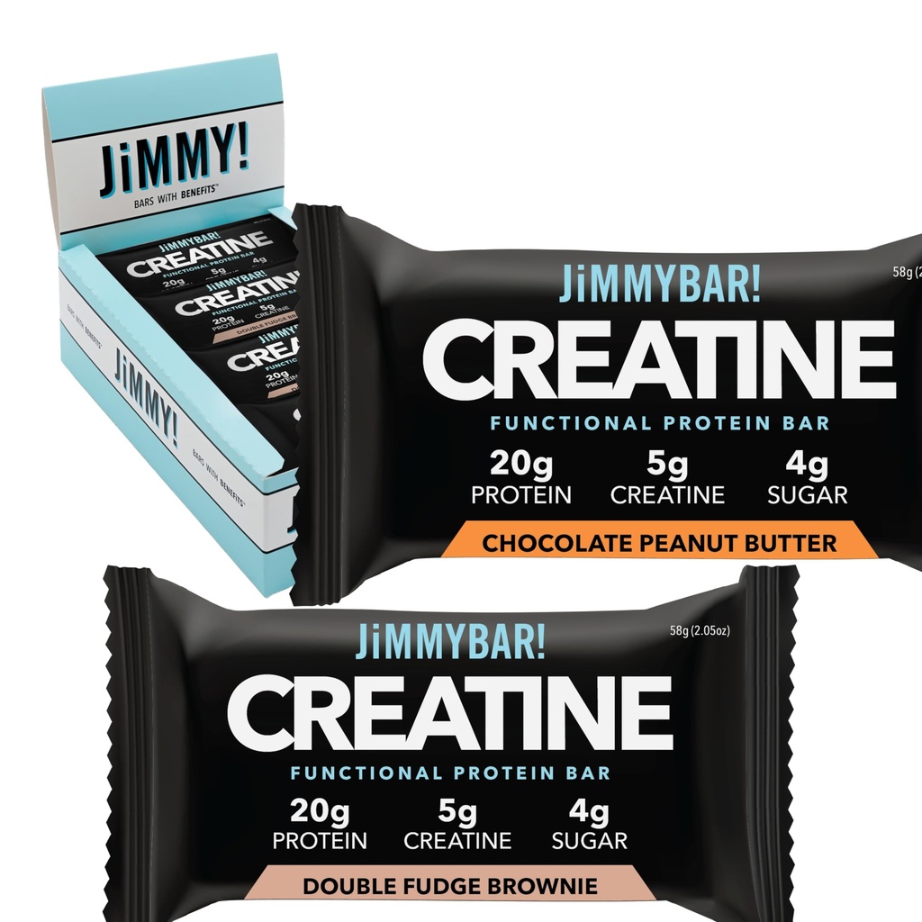 (NEW) 吉米耶巴尔! Creatine蛋白棒 - 5g of Creatine Monohydrate + 20g 蛋白棒 - 高蛋白棒 - 支持肌肉生长,力量和复苏 - 运动员真正的食品能量棒 → 6巧克力花生酱 + 6 Fudge Brownie Variety Pack (12个巴)