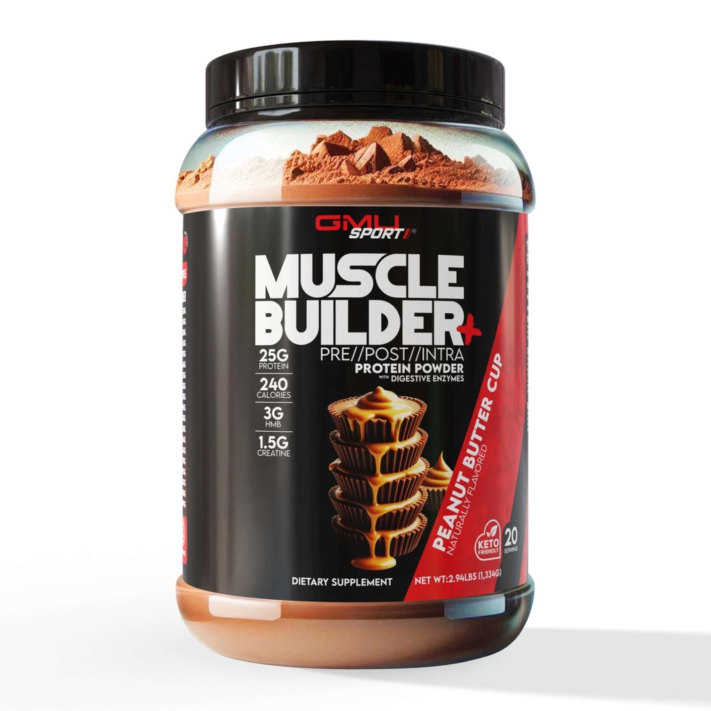 GMU SPORT – 肌肉构建器+蛋白质,配有3g Creatine,1.5g HMB,Colagen & Ezymes → 25g 蛋白质,28g Carbs,240 Calories → 低糖Whey蛋白用于强力,恢复和肌肉生长 – 20 services