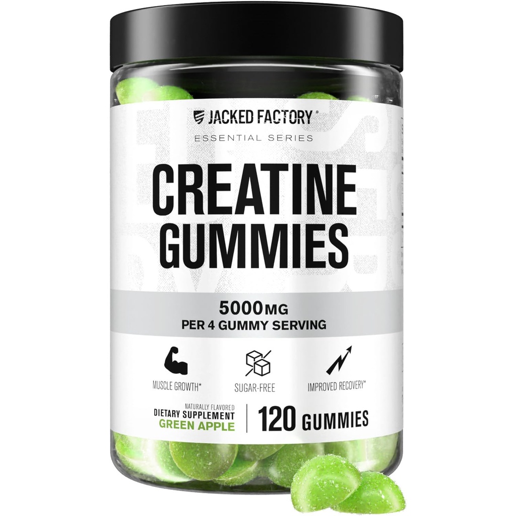 Jacked Factory Free Creatine Gummys - 5g Daily dose (每Gummy 1.25g) - 男子和女子的Creatine Gummy 无糖,维根友好,第三方测试 - 120 Gummys,绿色苹果