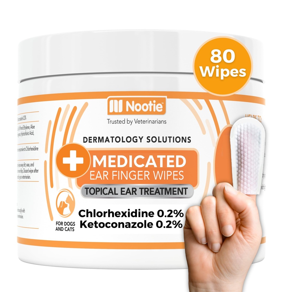 用于狗的含氯己胺的Nootie Mediced Ear finger 擦拭、用于痒、敏感耳朵的Gentle Dog Ear 擦拭 -- -- 帮助去除蜡、污泥堆积和Odor 80擦拭 -- -- 在美国制造