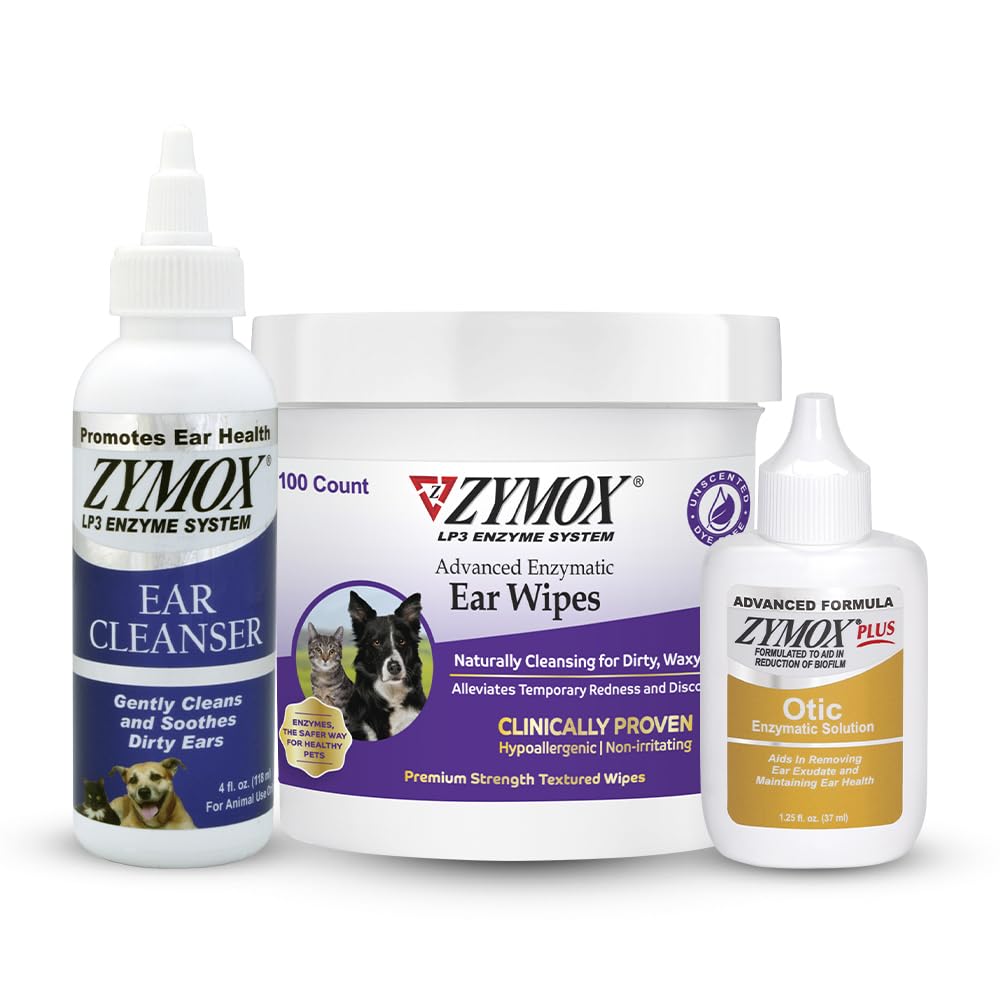 Zymox 酶擦拭器、耳清洁器、和 Otic Plus 水溶液 对狗和猫来说是免费的 - 产品包 - 对脏、蜡、臭耳和Soothe Ear感染