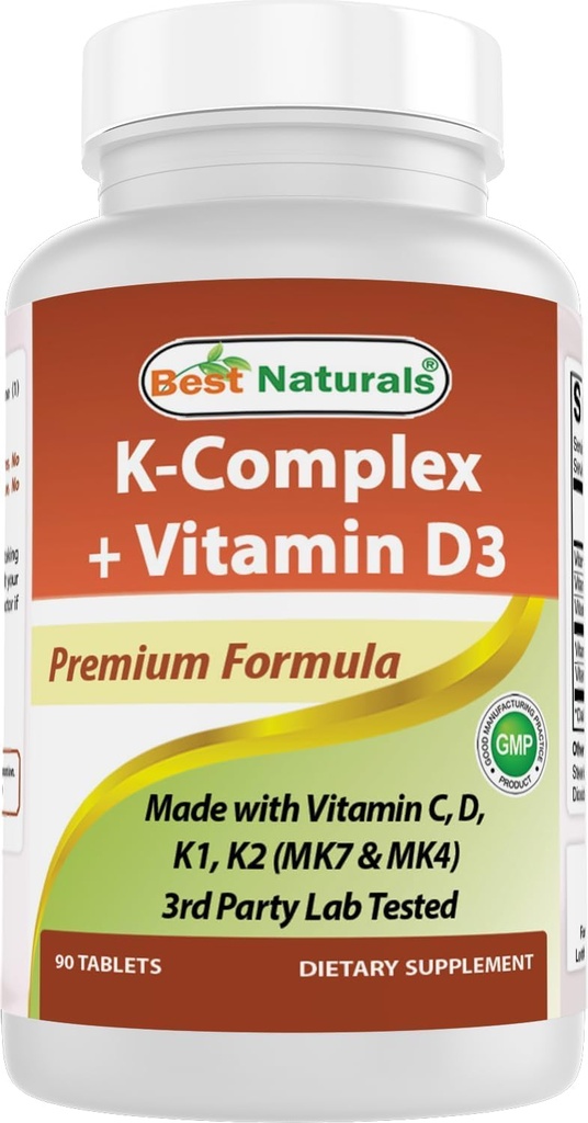 Best Naturals K-Complex with K1 (Phytonadione 1500 mcg + K2 作为 Menaquinone 100 mcg + K2 作为 MK-4 1000 mcg) + D3 + VIT. C - 90块平板电脑 - 美国制造