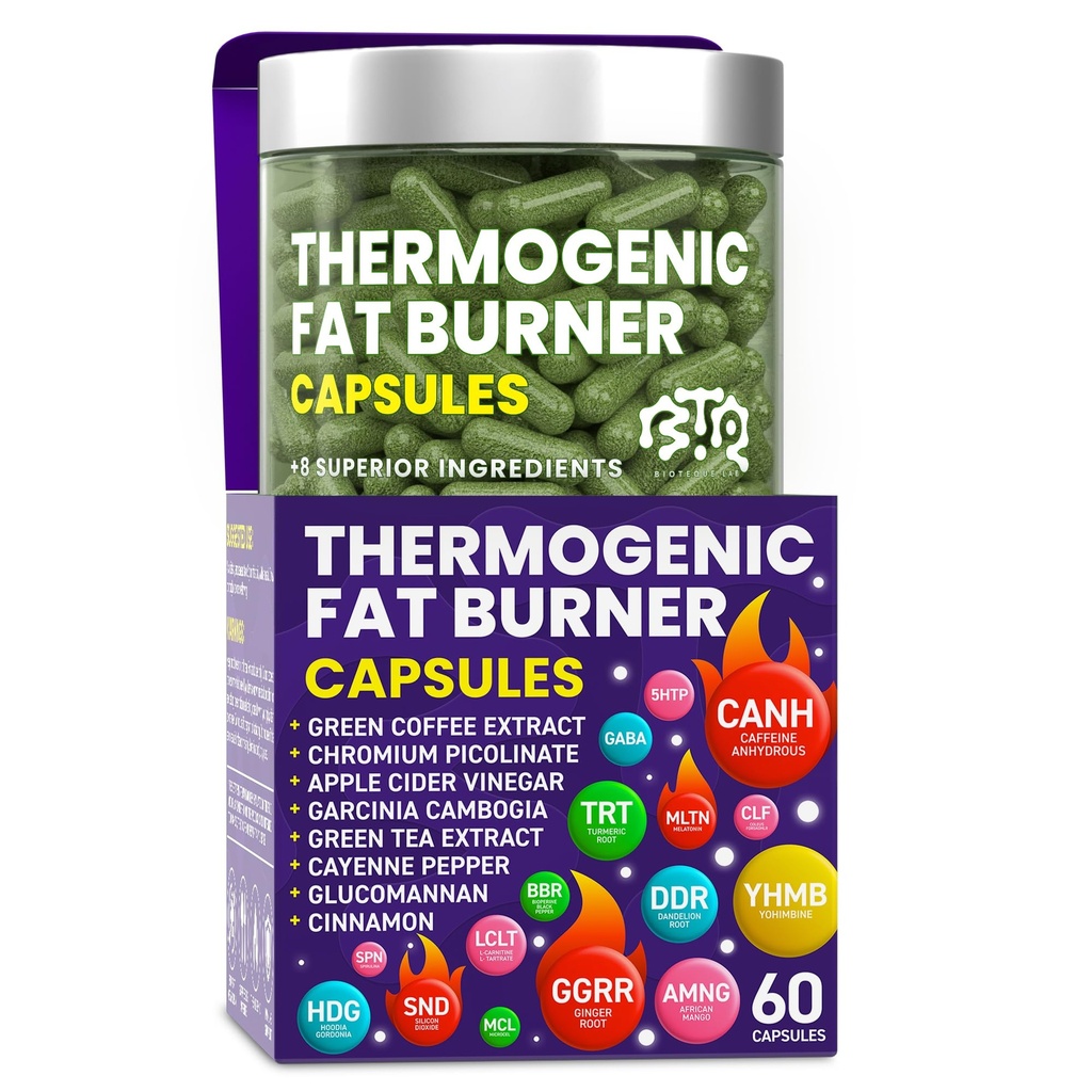 热致性脂肪燃烧剂 Capsules - 妇女和男子体重损失药片,Appetite抑制剂,代谢剂 助推剂 - 绿茶,咖啡提取剂 Garcinia Cambogia - 体重损失饮食药片 - 60 Capsules