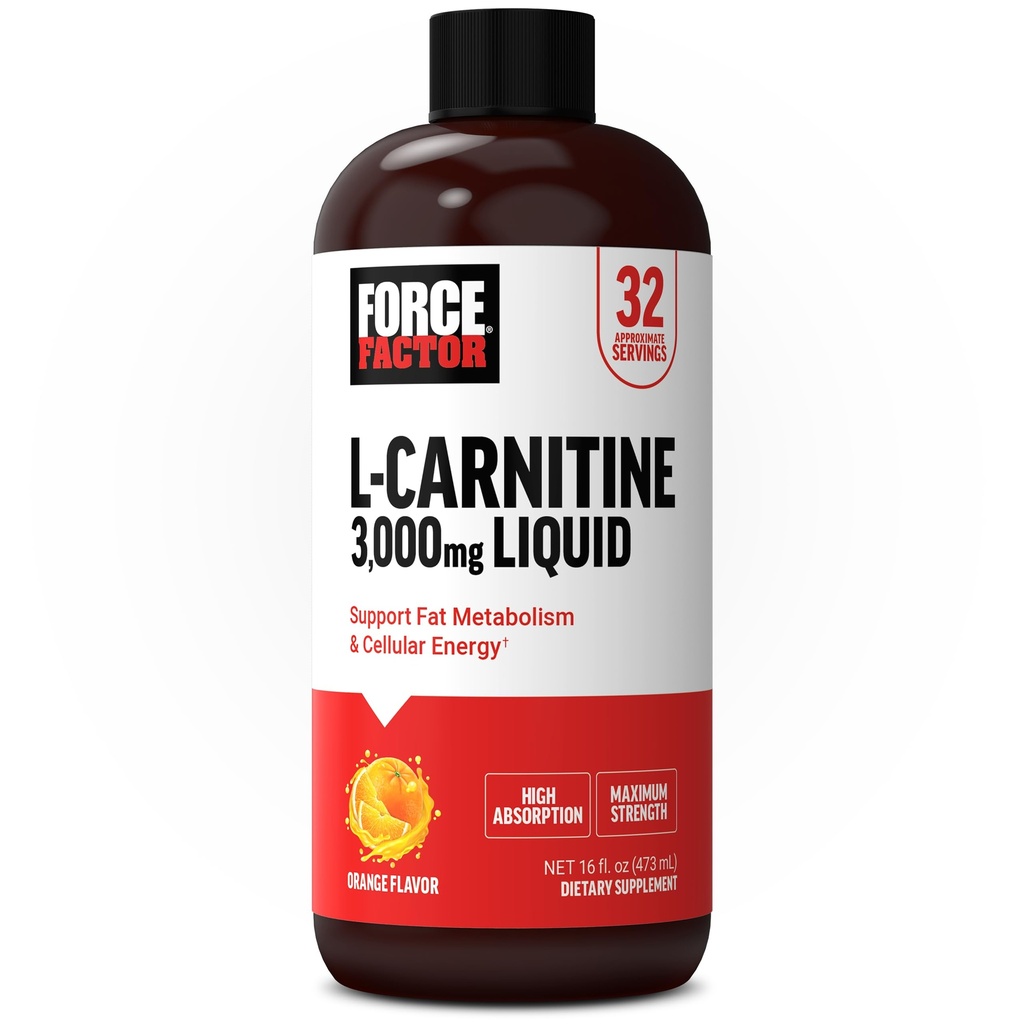 力因子 L-Carnitine Liquid 3000mg, 支持脂肪代谢的最大强度补充, 细胞能和肌肉恢复, 高吸附, 非GMO, 橙色 Flavor, 16 oz瓶