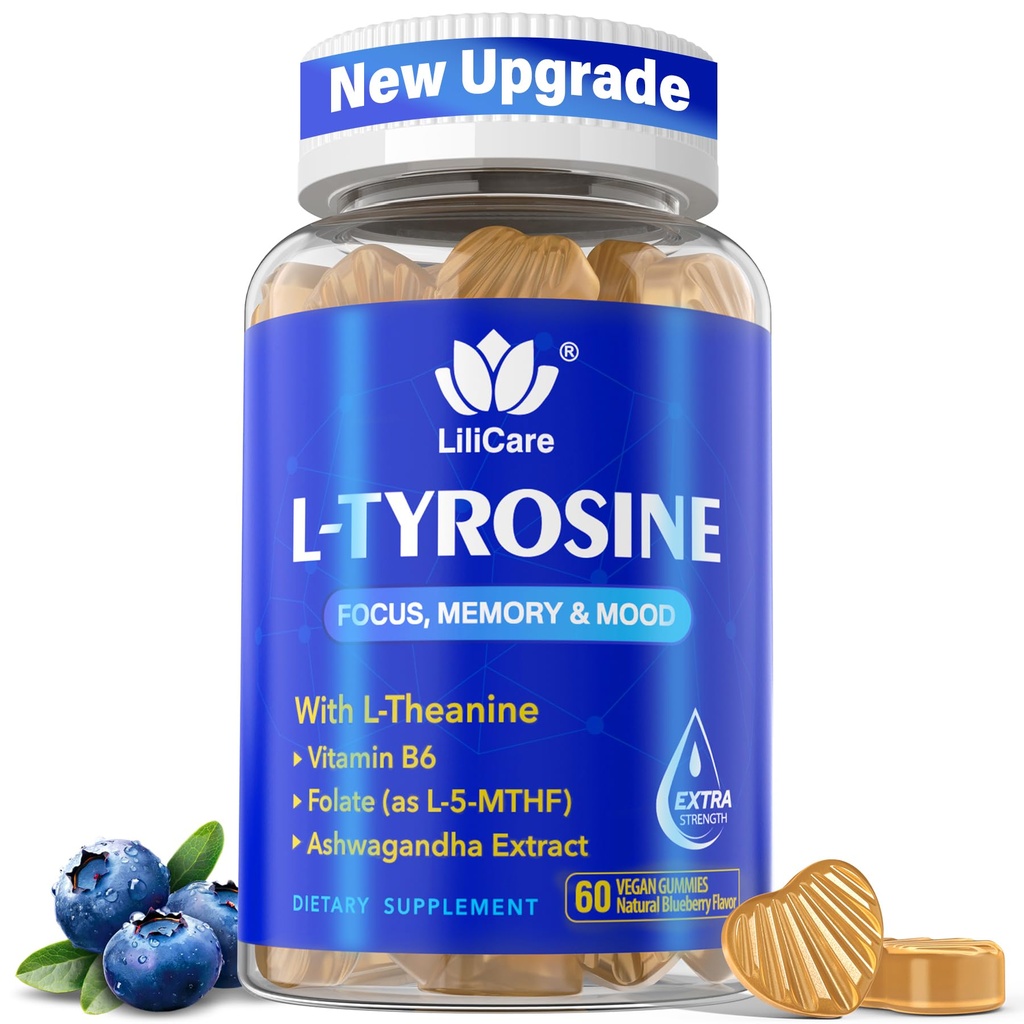 L Tyrosine Focus Supplements Gummys 1100mg for advention and Focus, L-Tyrosine Gummys with Ashwagandha, I-Thenine for calm & Mood - 维生素 B6 & B9 for Energy-Vegan, 60cmt