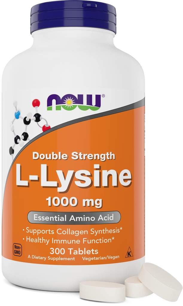 现在食品 L-锂1000mg - 双强 - 300平板 - 非GMO 氨酸补充剂(Llysine Hydride) - 1000 mg Tabs - Vegan/Vegetarian