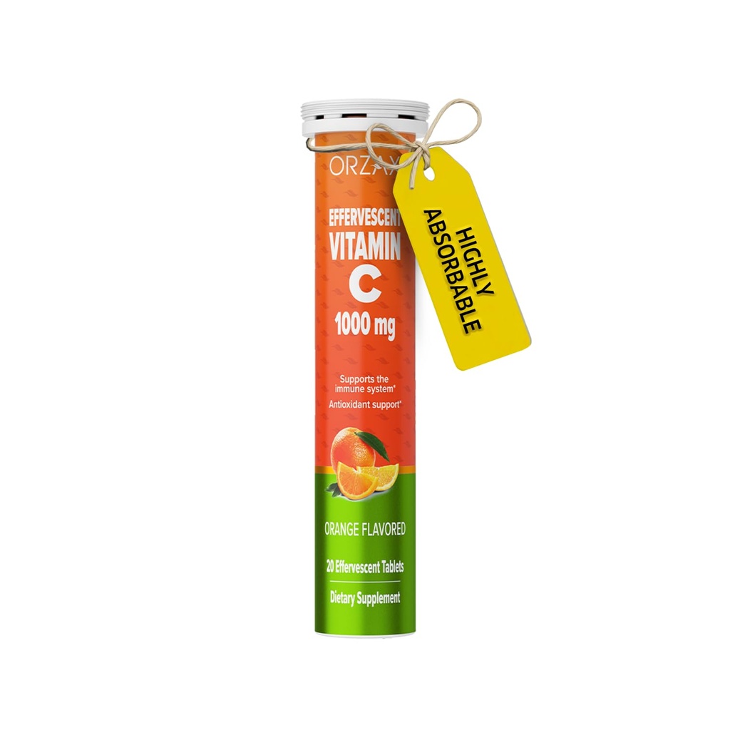 ORZAX Vitamin C 1000mg Effervescent Tablets | Dissolvable Sugar Free Immune & Antioxidant Support | Orange Flavored Fizzy Vitamin C Drink Tablets | 20 Tablets