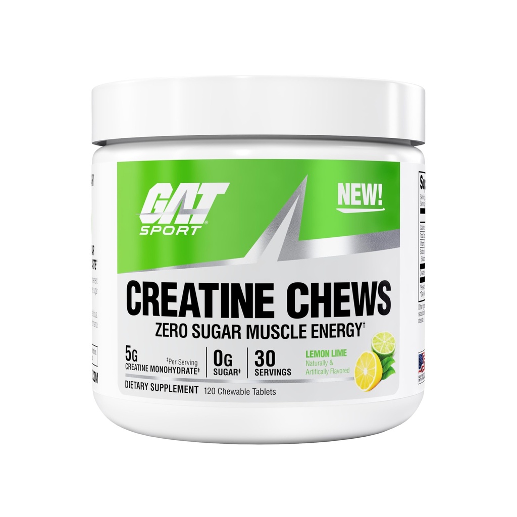 GAT SPORT Creatine Chews, Zero Sugar, 5g 纯Creatine 单水合物,第三党测试,脑健康,肌肉,力量,抗氧化剂支持,男女,30名服务员(Lemon Lime)