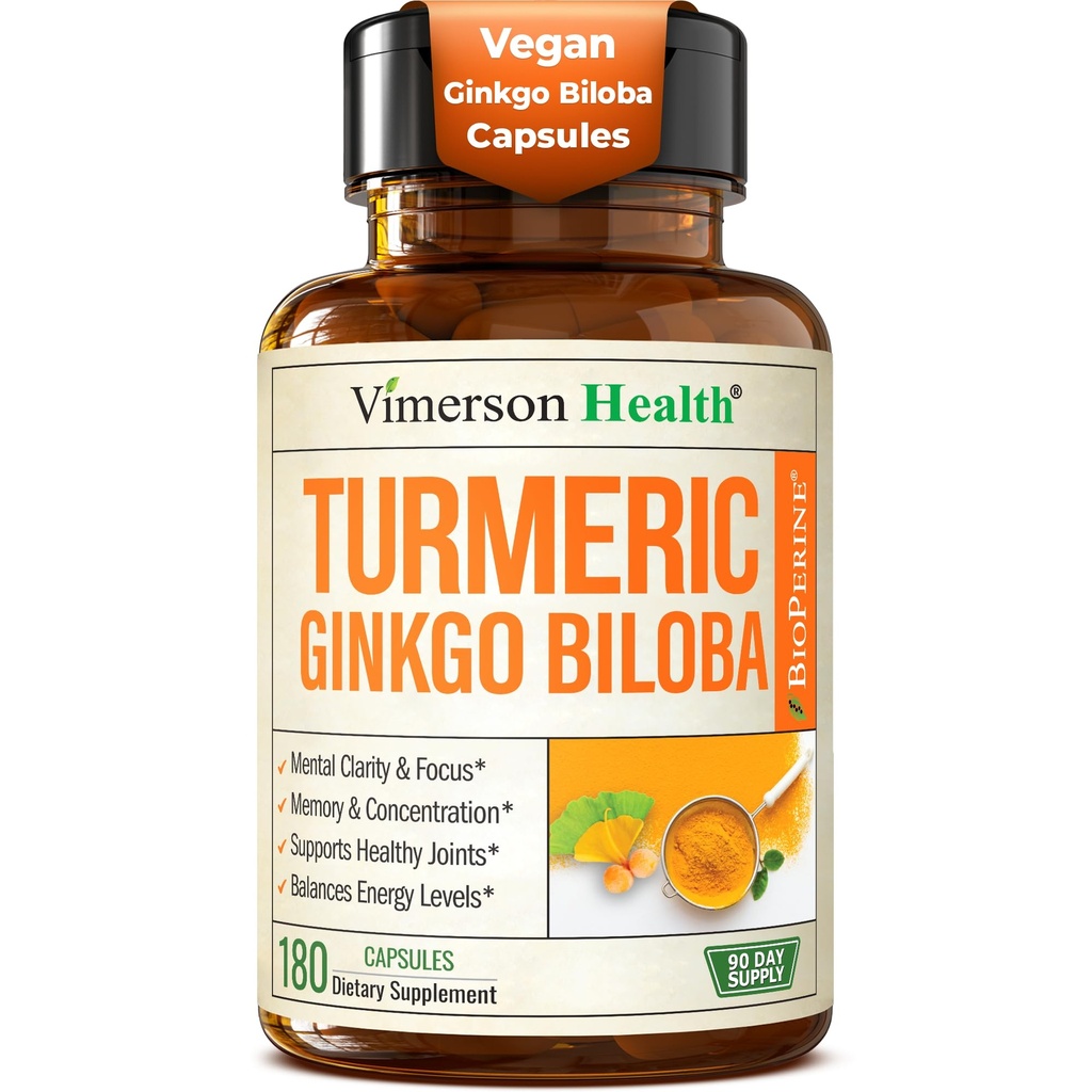 Ginkgo Biloba 配有 Turmeric Curcumin 和 Black Pepper 用于高吸收的增量 - Ginko Biloba Capsules 配有 Curcuma 用于聚焦,记忆支持,联合与脑健康 - NonGMO - 180 Vegan Capsules