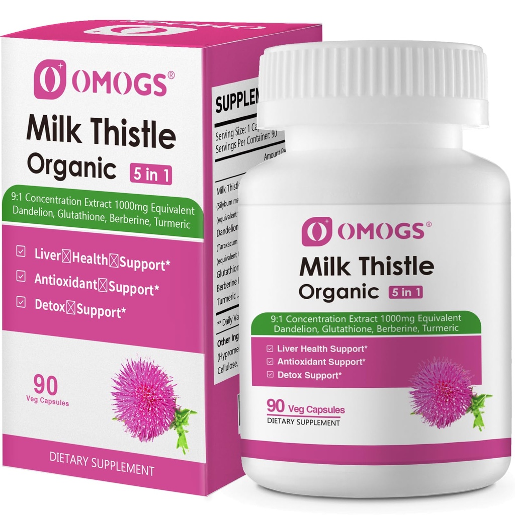 OMOGS 有机牛奶 This,草肝支持牛奶tle,配有Dandelion Root,Glutathione,Berberine HCL & Turmeric,支持Liver Cleanse Detox & 维修,90 Capsules
