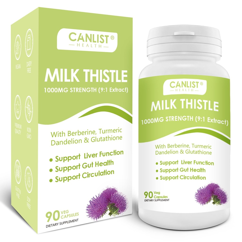 CANLIST 牛奶 硝酸甘油 1000mg, Potent 9:1 抽取, 肝脏健康支持, 解毒和清洁, 抗氧化剂和古特健康, 非GMO, Gluten- Free, 90 Capsules