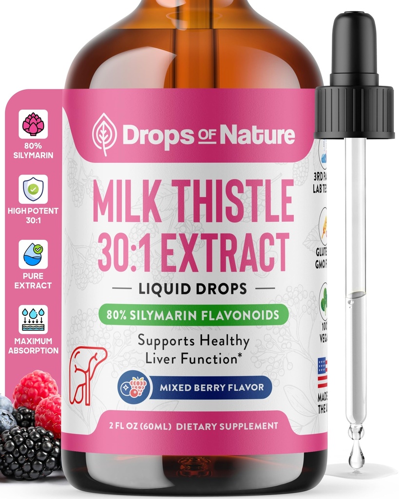 牛奶硝酸盐与80%的Silymarin Flavoids – Vegan, Non-GMO, Fast-Absorbing – Easy Mix with drinks – 牛奶硝酸盐补充剂,用于肝脏,免疫护理和抗氧化剂支持(Mixed Berry, 60 mL)