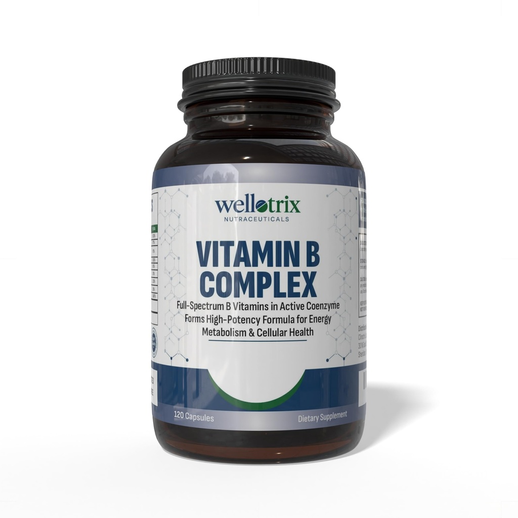 Wellotrix Advanced B-Complex – 全谱 8 基本B 维生素(B1,B2,B3,B5,B6,B7,B9,B12) 活性Coenzyme形式 – 支持能量代谢和细胞健康 – 120 Capsules