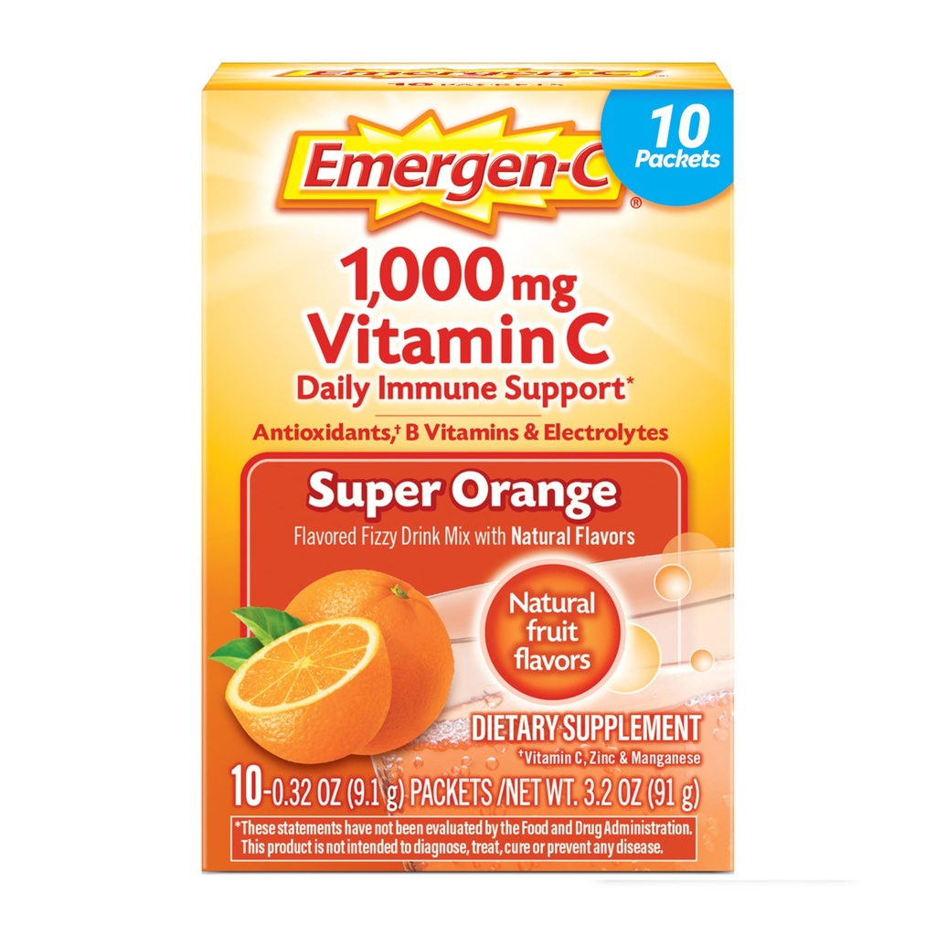 Emergen-C 1000mg 维他命 C 粉 日用 Immune 支持咖啡因 免费维他命 C 配有 Zinc 和 Manganese , B 维他命和电解质, 超级橙色火焰 - 10 计数
