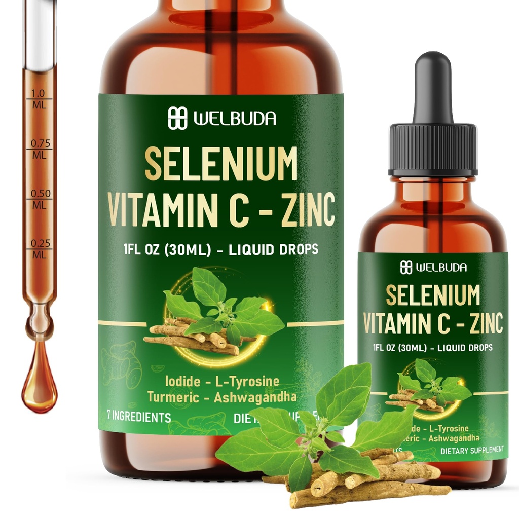 7in1 含有硒的硒液滴、维生素C、锌、碘、L-Tyrosine、Ashwagandha和Imune和能源支持的Turmeric -- -- 1 FL Oz -- -- 60天供应