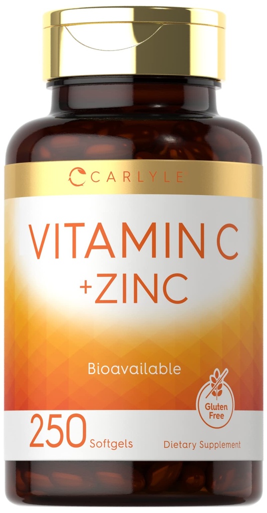 卡莱尔维生素C配有锌 → 250软胶 → 生物可用 → Ascorbic Acid → 锌氧化物 → 非GMO 和 Gluten 免费补充