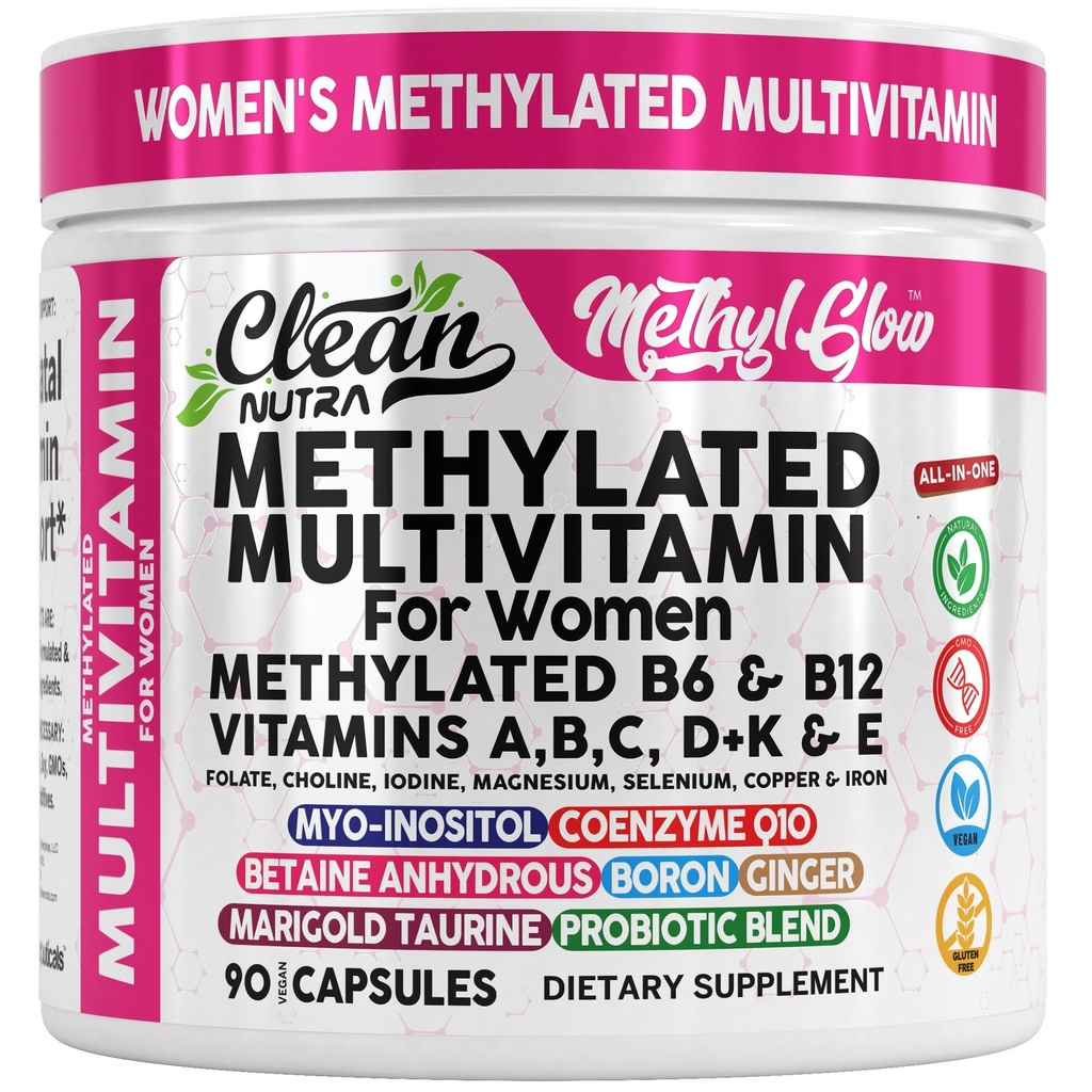Methylated Multivitamin for Women Vitamins B6 Methyl B12 A B C D K E Folate Choline Omega 3 Thiamine Riboflavin Iron Iodine Magnesium Zinc Selenium Copper Calcium 90 Capsules by Clean Nutra
