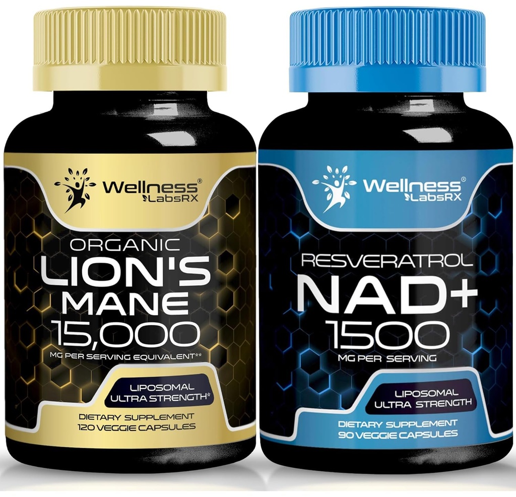 wellNess LABSRX Lions Mane Supplements - 120 Consules - 蘑菇补充,记忆和焦点的大脑补充 QQ NAD 补充, 1500mg - Liposomal NAD+ 以 Resveratrol 补充 。